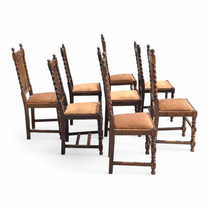 Eight Antique Dining Chairs – Vintage Wooden Chairs, Set of 8, Oak, Barley Twist, Rustic, Farmhouse, Traditional, Dining, Kitchen