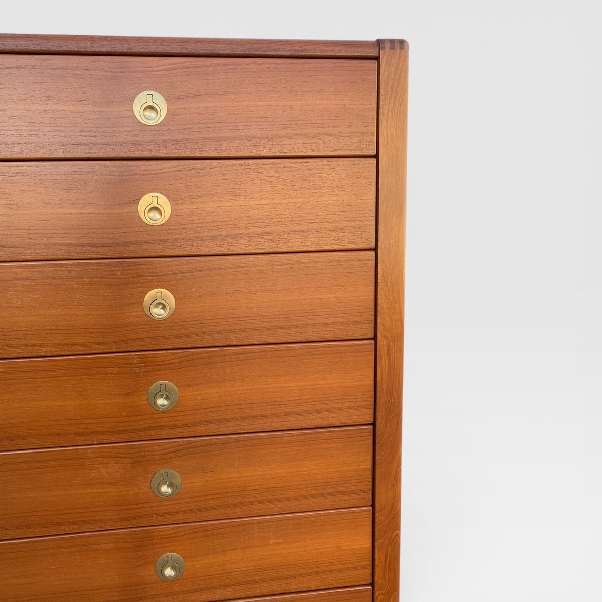 Mid-Century Modern D-Scan Captain Line Tallboy Dresser in Teak with Brass Pulls