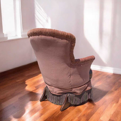 Antique Tufted Rocking Chair – Custom Upholstered Victorian Accent Chair with Fringe Trim & Floral Velvet Fabric