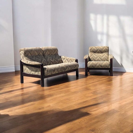 Vintage Wood-Frame Loveseat and Lounge Chair Set