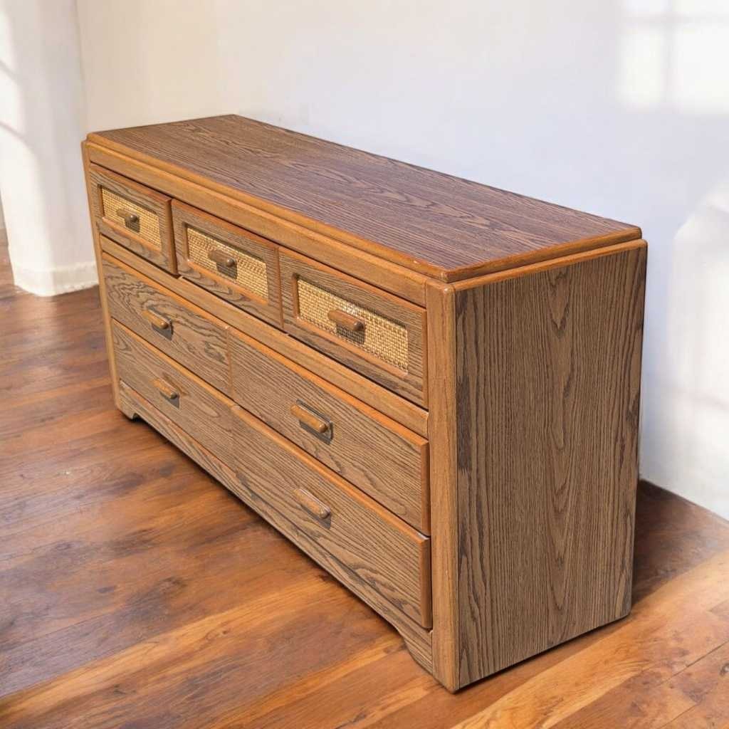 1980s Postmodern Faux-Oak Laminate Six-Drawer Dresser — view 9 of 16