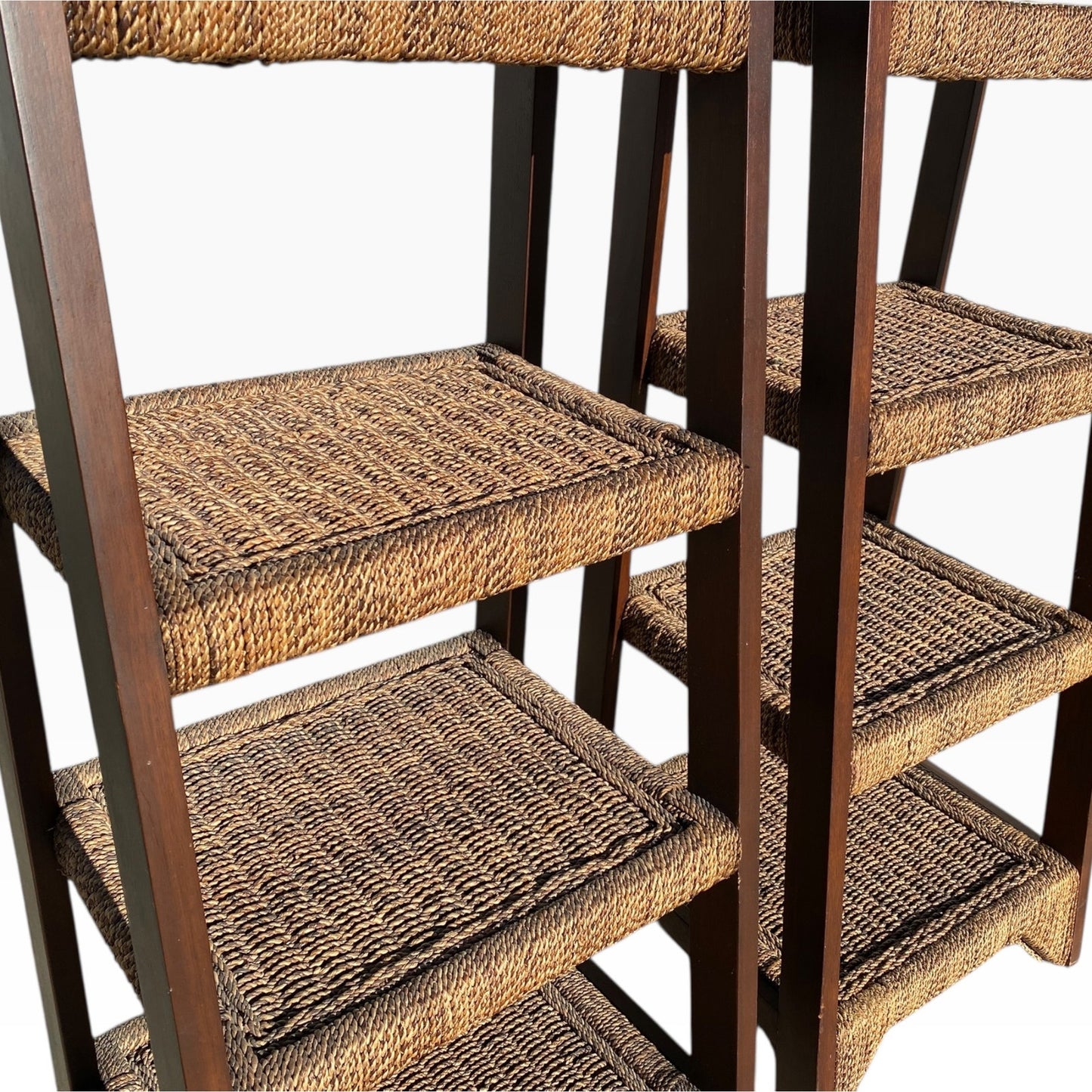 Pair of Sculptural Wooden Étagère Shelves with Woven Rush Shelves, Mid-20th Century