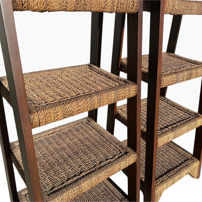 Pair of Sculptural Wooden Étagère Shelves with Woven Rush Shelves, Mid-20th Century