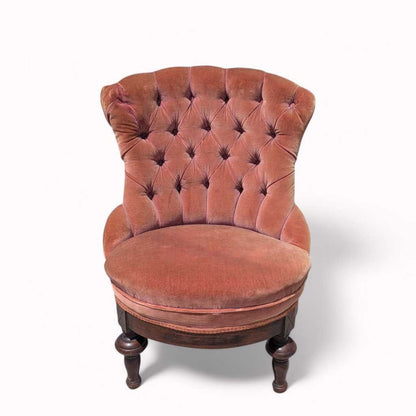 Victorian Style Tufted Slipper Chair – Pink Velvet Upholstery, Carved Wood Base, Antique Accent Chair