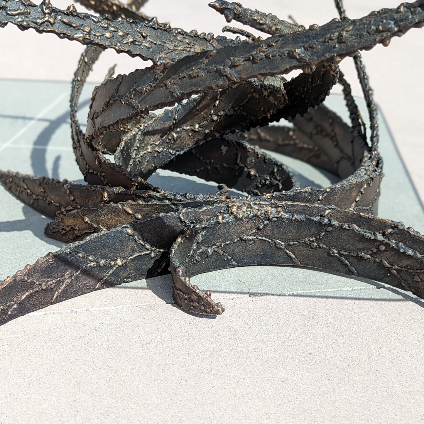 Vintage Coffee Table by Silas Seandel, Brutalist, Sculptural, Glass Top, Bronze Base