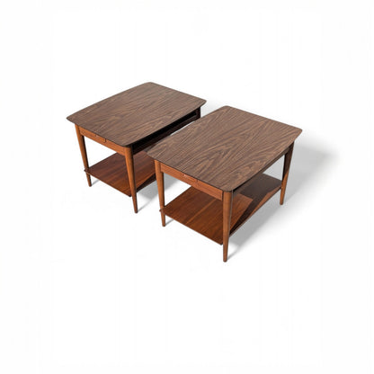 Pair of 1960s Lane Walnut Nightstands with Drawers and Lower Shelves