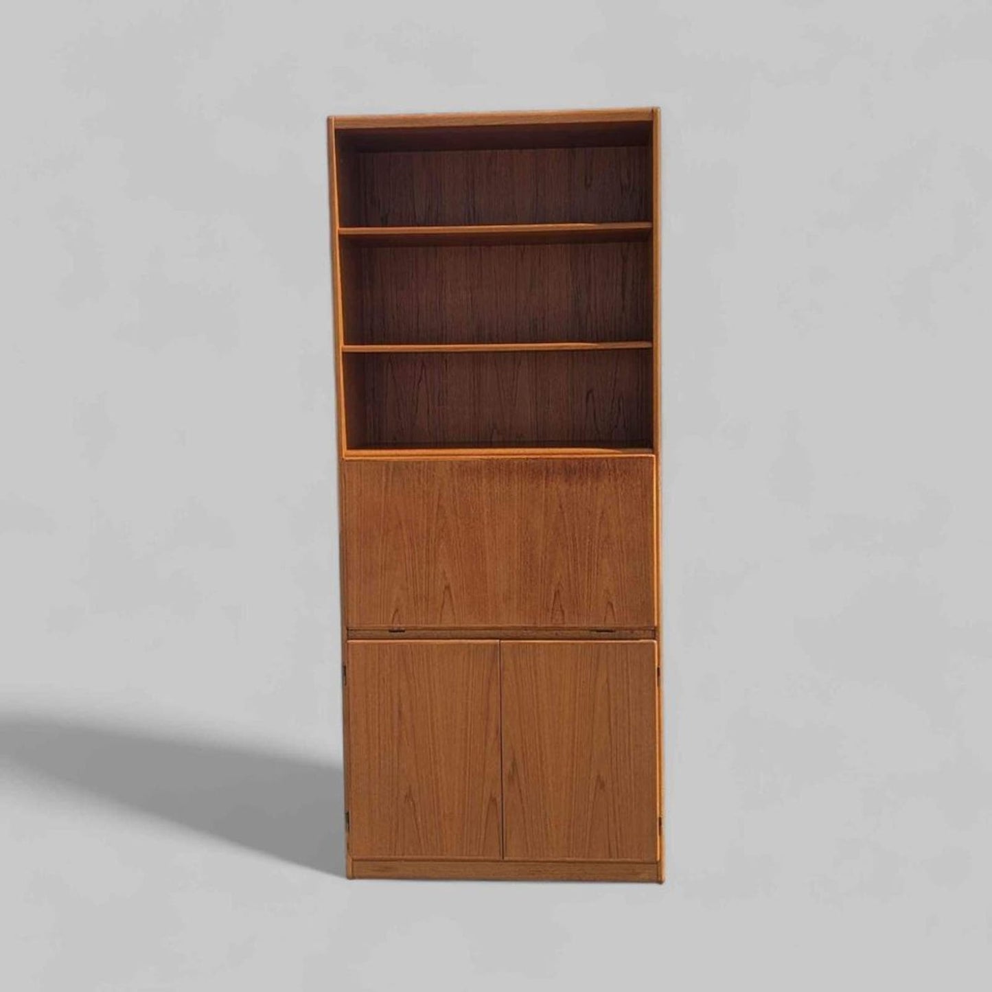 teak bar cabinet bookcase, upright wall shelving unit, dry bar, mid century, vintage