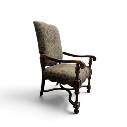 Louis XIII-Style High-Back Wood Armchair with Tapestry Upholstery