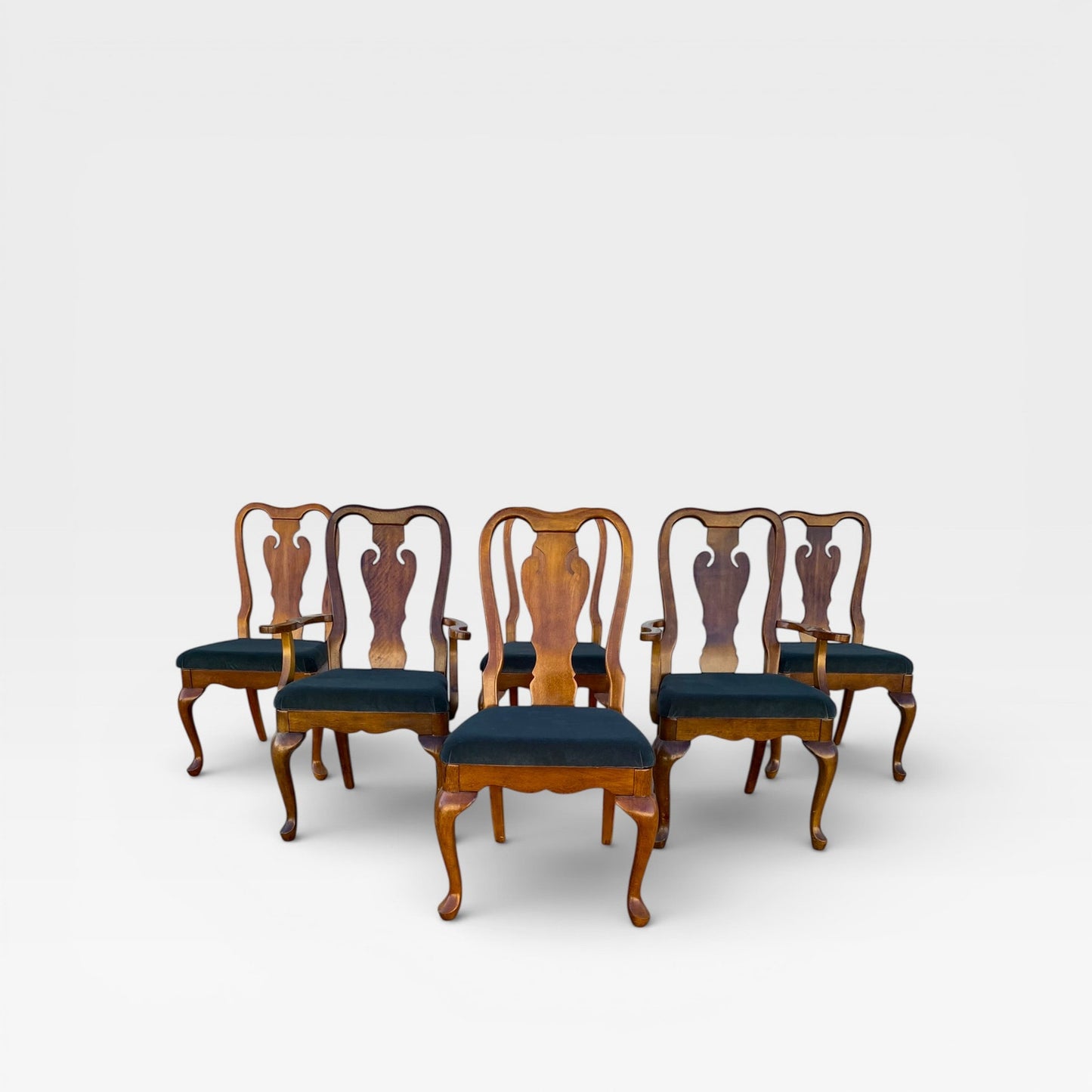 Set of Six Antique Queen Anne Walnut Dining Chairs with Slate-Blue Upholstery