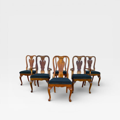 Set of Six Antique Queen Anne Walnut Dining Chairs with Slate-Blue Upholstery