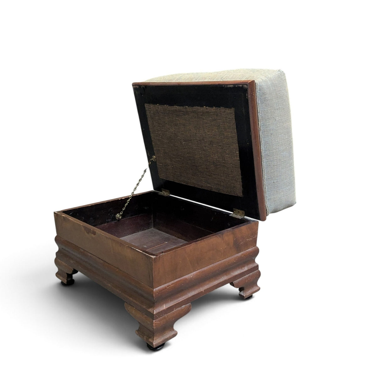 Early-to-Mid 20th Century Upholstered Wood Storage Ottoman with Hinged Lid
