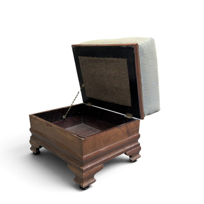Early-to-Mid 20th Century Upholstered Wood Storage Ottoman with Hinged Lid