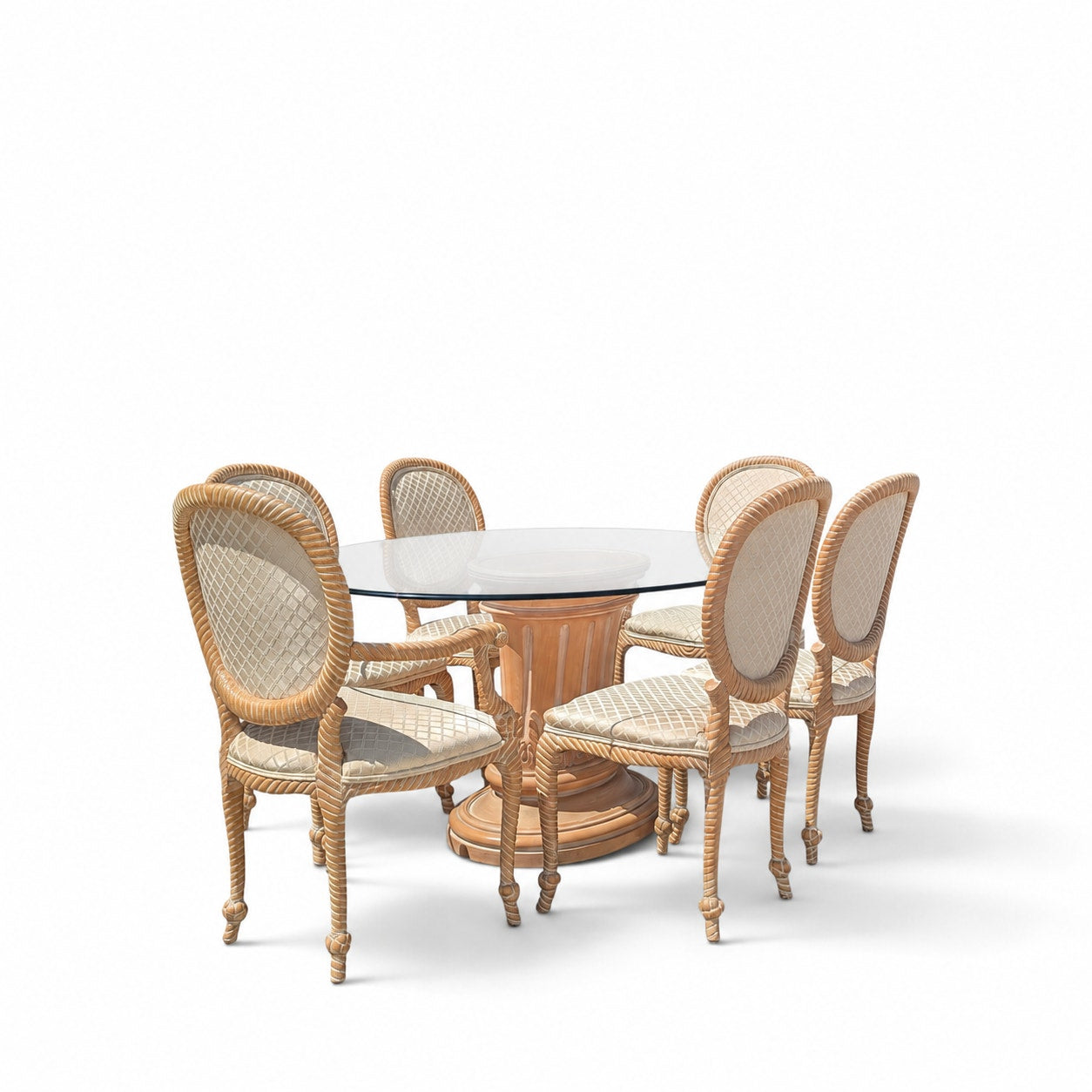 Vintage Carved Wood Oval Glass Dining Set with Six Upholstered Chairs