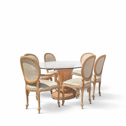 Vintage Carved Wood Oval Glass Dining Set with Six Upholstered Chairs