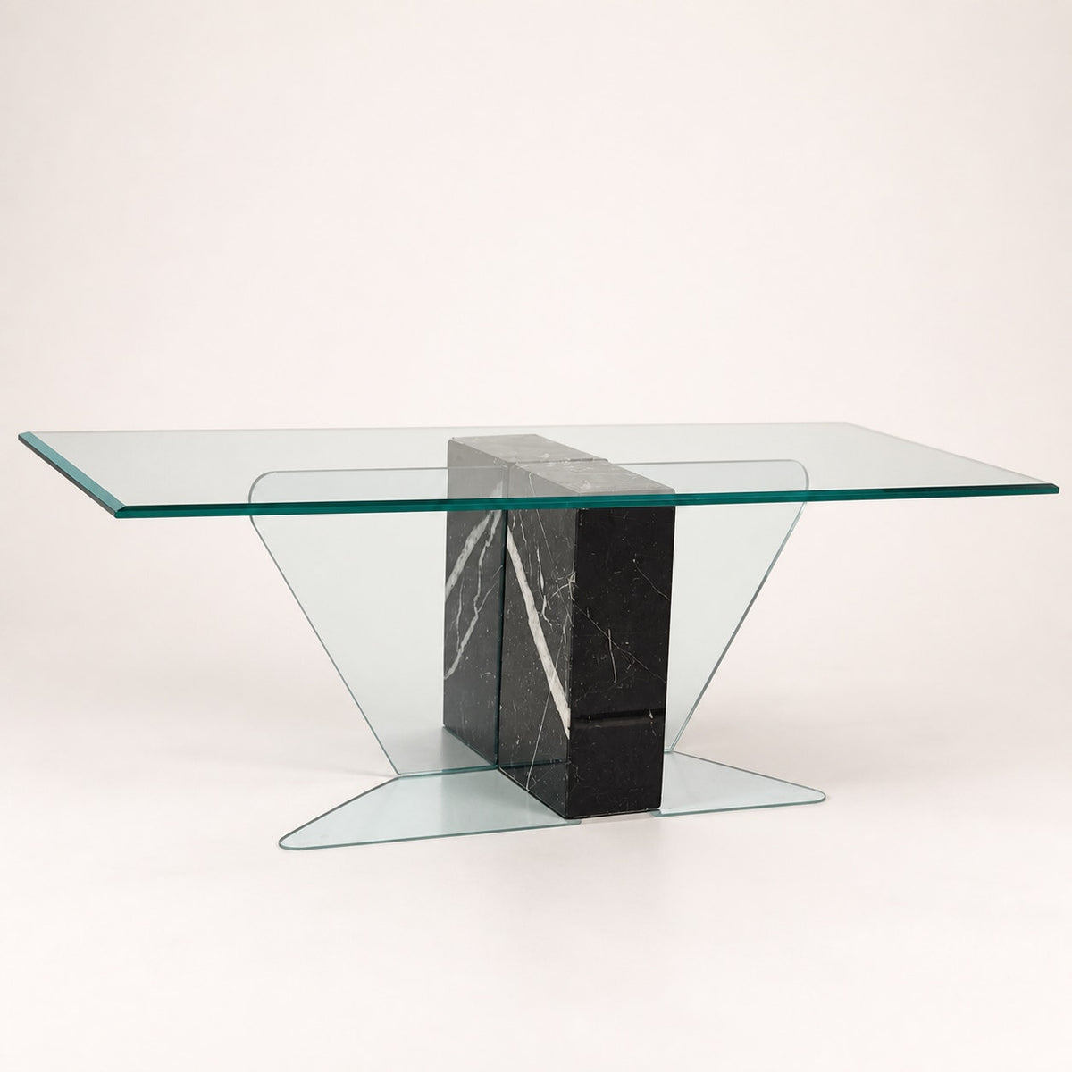 Unique Coffee Table, Marble Base, Geometric, Unique, Rectangular Glass Top, Postmodern, Mid Century