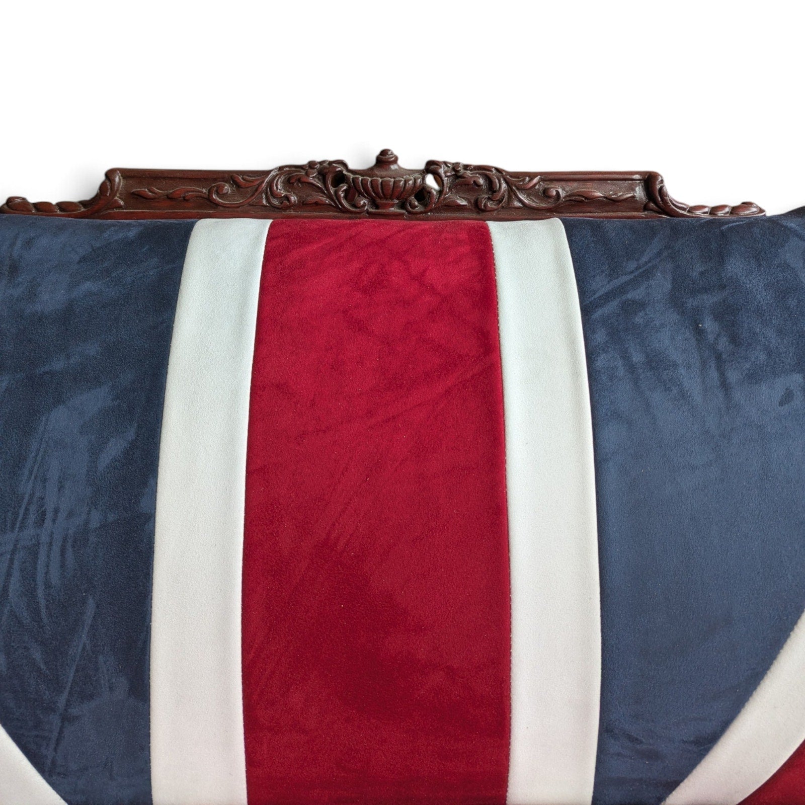 Vintage Union Jack Upholstered Sofa with Ornate Carved Wood Frame — view 16 of 16