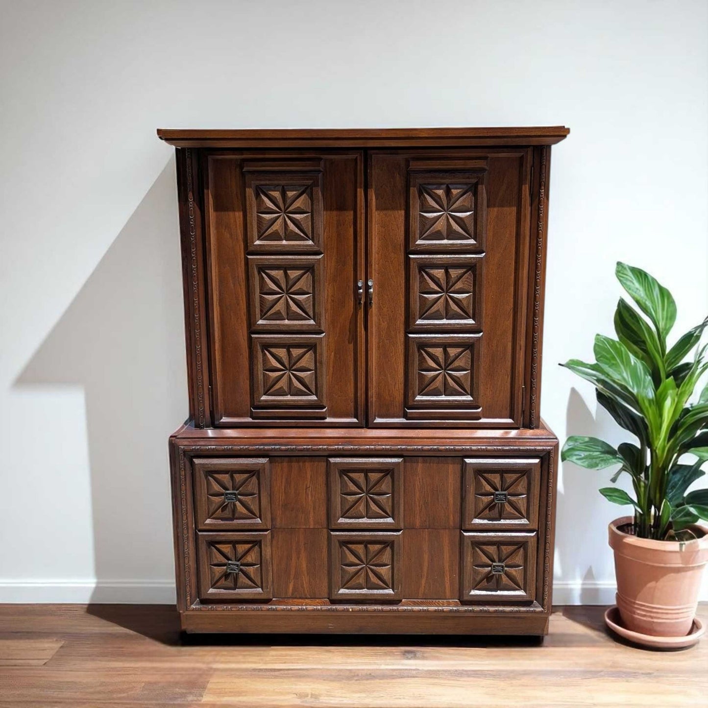 Vintage Brutalist Tallboy Dresser Cabinet c. 1970s