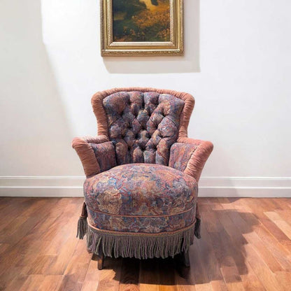 Antique Tufted Rocking Chair – Custom Upholstered Victorian Accent Chair with Fringe Trim & Floral Velvet Fabric