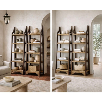 Pair of Sculptural Wooden Étagère Shelves with Woven Rush Shelves, Mid-20th Century