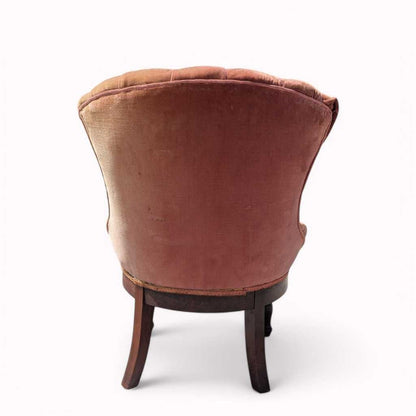 Victorian Style Tufted Slipper Chair – Pink Velvet Upholstery, Carved Wood Base, Antique Accent Chair