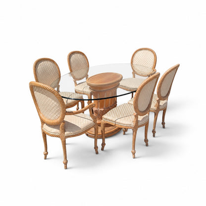 Vintage Carved Wood Oval Glass Dining Set with Six Upholstered Chairs