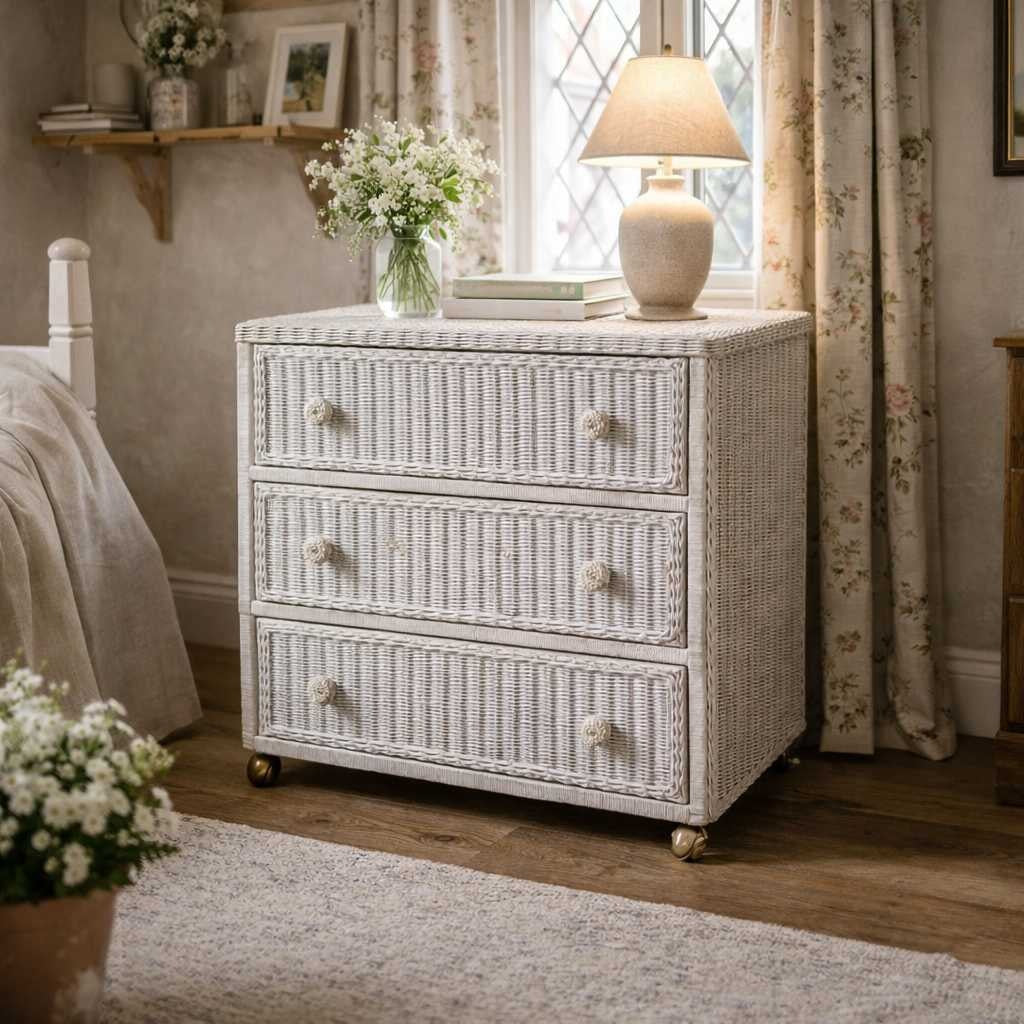 Vintage White Woven Wicker Three-Drawer Chest on Casters