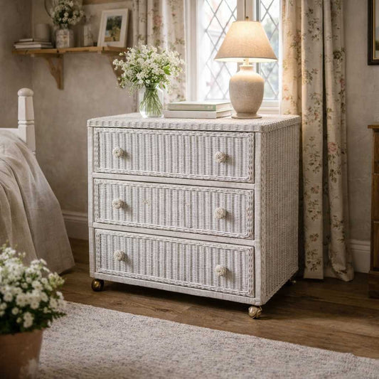 Vintage White Woven Wicker Three-Drawer Chest on Casters
