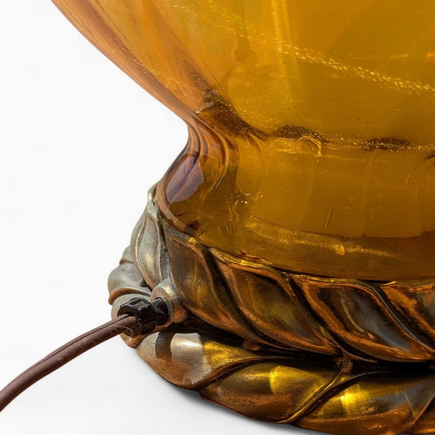 Pair of Vintage Amber Glass Table Lamps with Brass Accents | Hollywood Regency Mid-Century Lighting