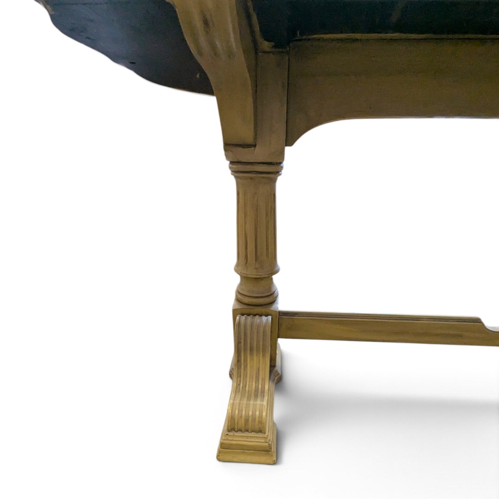 Vintage Butter Yellow Painted Trestle Sofa Table with Scalloped Top — view 11 of 16