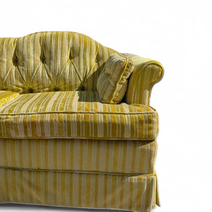 Vintage 96” Tufted Striped Sofa – Mid Century Curved Back Couch, Cleaned + New Foam Included, Unique Hollywood Regency Style