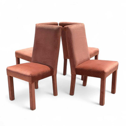 Set of 4 Postmodern Dining Chairs – 1980s Salmon Pink Velvet Upholstery, High Back Chairs, Vintage Modern Design, Sculptural Seating