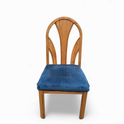 Set of 6 Postmodern Dining Chairs – Oak Frame, Blue Velvet Polka Dot Seats, 1980s