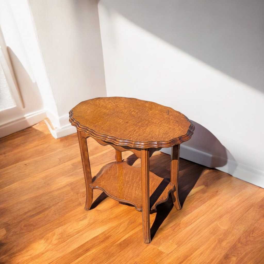 Vintage Oval Wood Side Table with Scalloped Edge and Lower Shelf — view 10 of 12