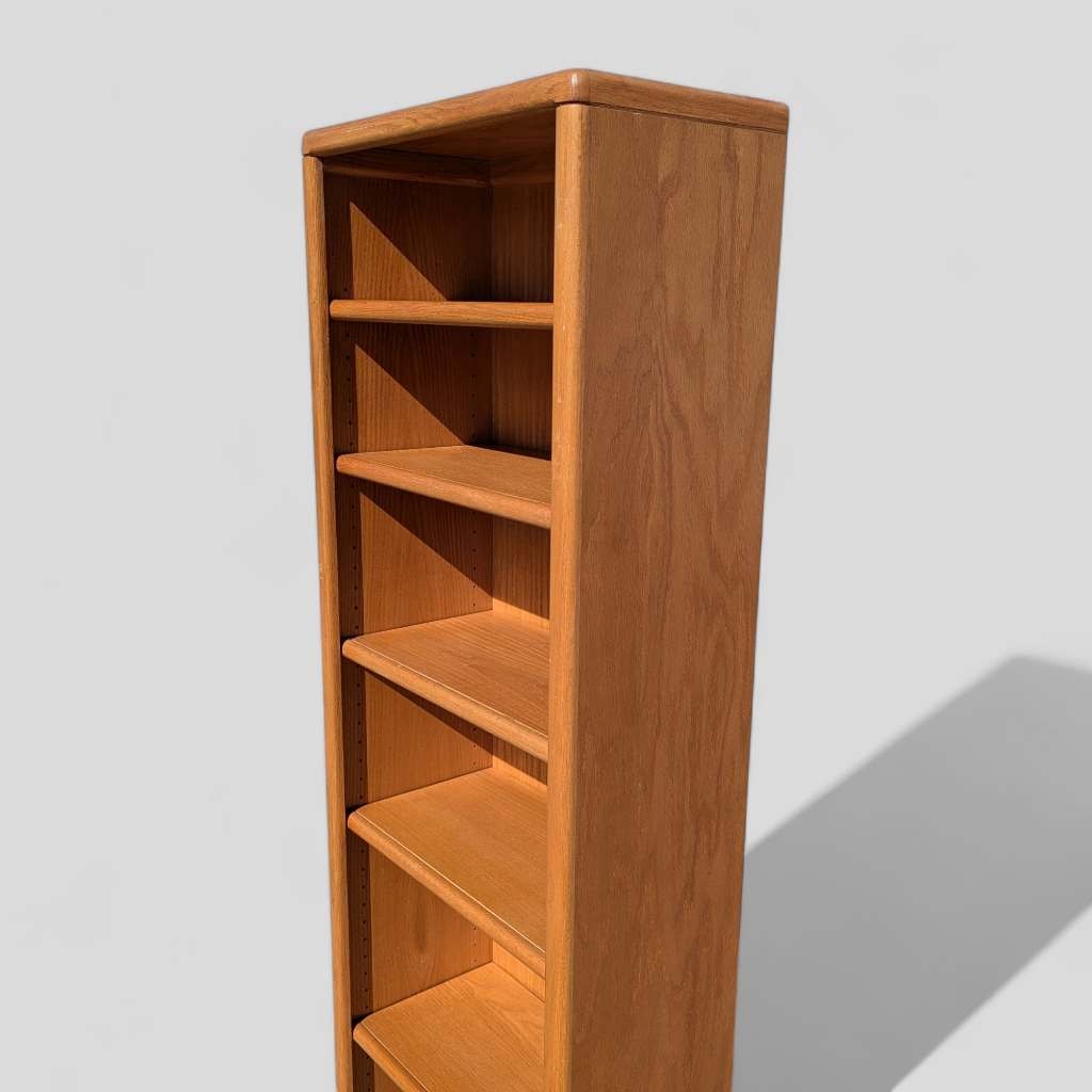 Vintage Oak Bookcase, Solid Wood, Mid Century, MCM, Slim, Six Shelves, Freestanding, Living Room