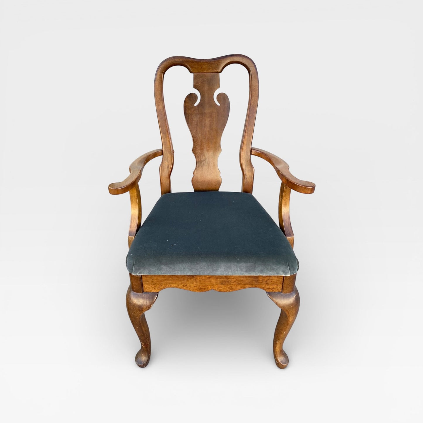 Set of Six Antique Queen Anne Walnut Dining Chairs with Slate-Blue Upholstery