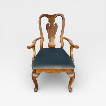 Set of Six Antique Queen Anne Walnut Dining Chairs with Slate-Blue Upholstery