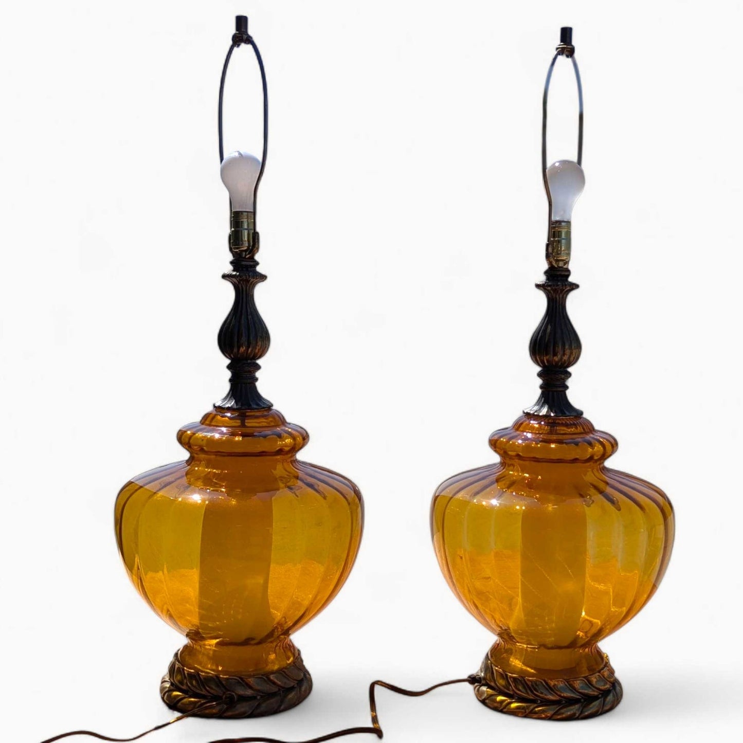 Pair of Vintage Amber Glass Table Lamps with Brass Accents | Hollywood Regency Mid-Century Lighting