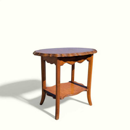 Vintage Oval Wood Side Table with Scalloped Edge and Lower Shelf