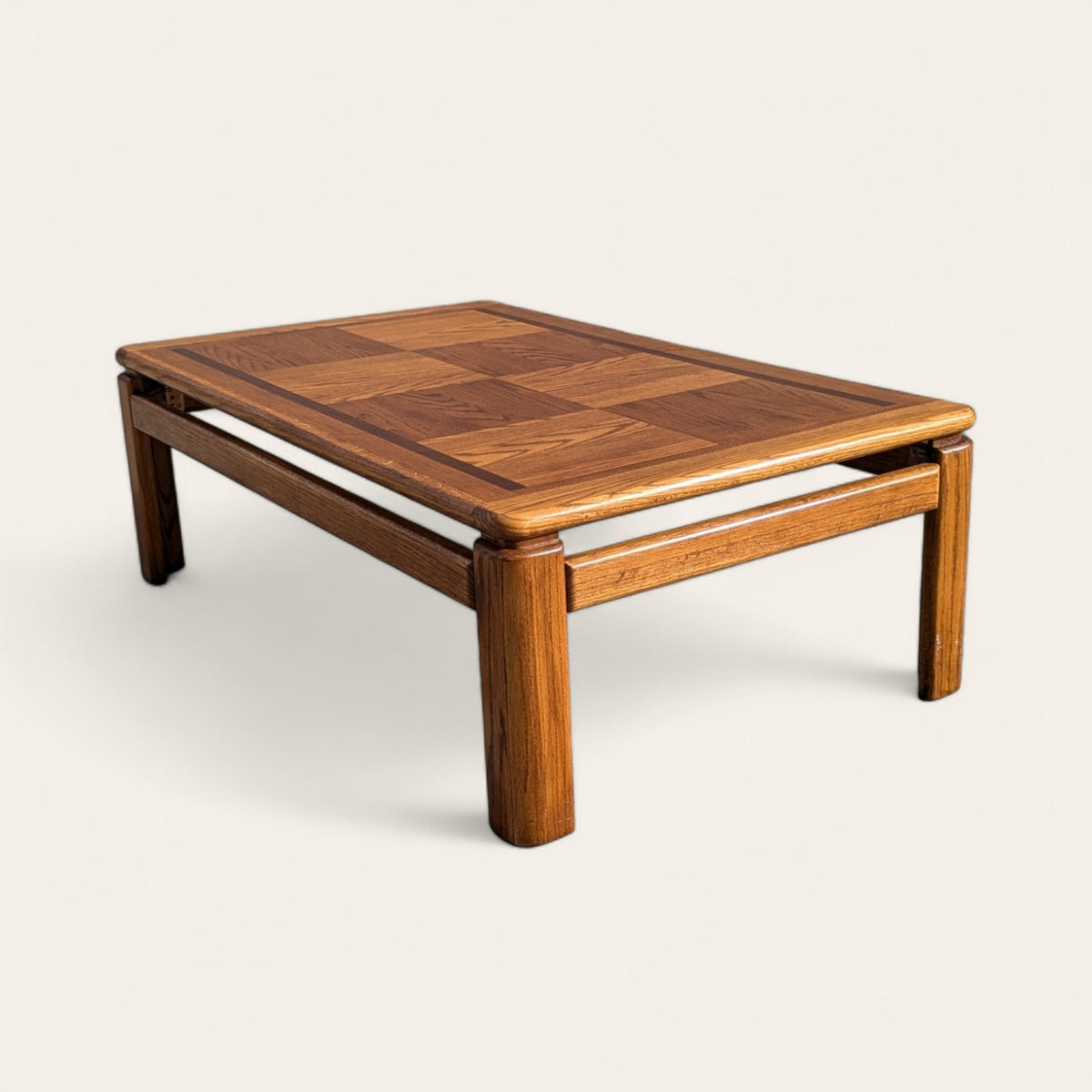 1980s Mid-Century Oak Coffee Table with Checkered Parquet Top
