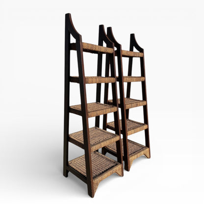 Pair of Sculptural Wooden Étagère Shelves with Woven Rush Shelves, Mid-20th Century