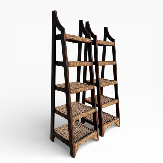 Pair of Sculptural Wooden Étagère Shelves with Woven Rush Shelves, Mid-20th Century