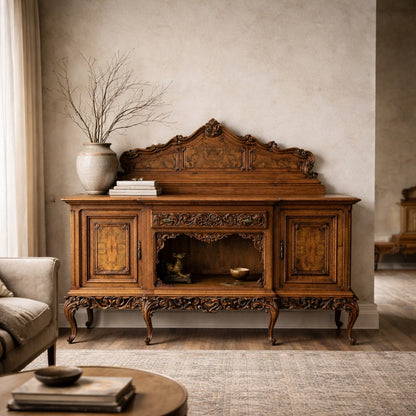 Continental Walnut Carved Sideboard Cabinet with Sculptural Apron