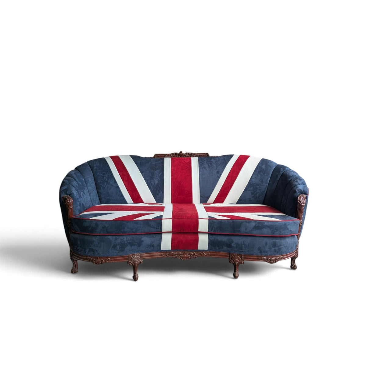 Vintage Union Jack Upholstered Sofa with Ornate Carved Wood Frame — view 2 of 16