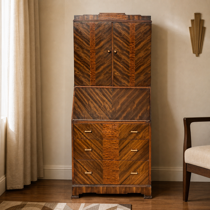 Art Deco Secretary Desk with Drop-Front Writing Surface and Chevron Veneer, 1930s