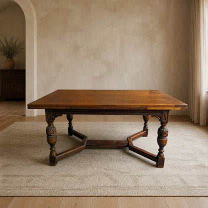 Vintage Walnut Jacobean Revival Refectory Dining Table with Carved Base