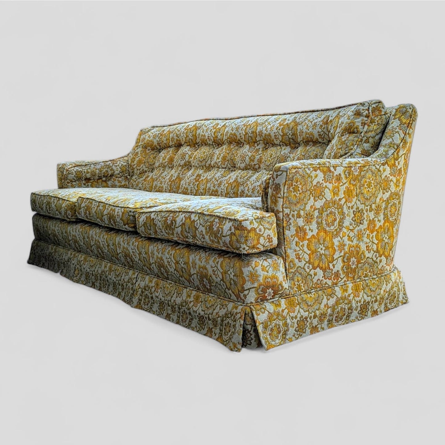 Vintage Hollywood Regency Floral Brocade Tufted Sofa, Yellow, Maximalist, MCM, Retro, Fun, Living Room