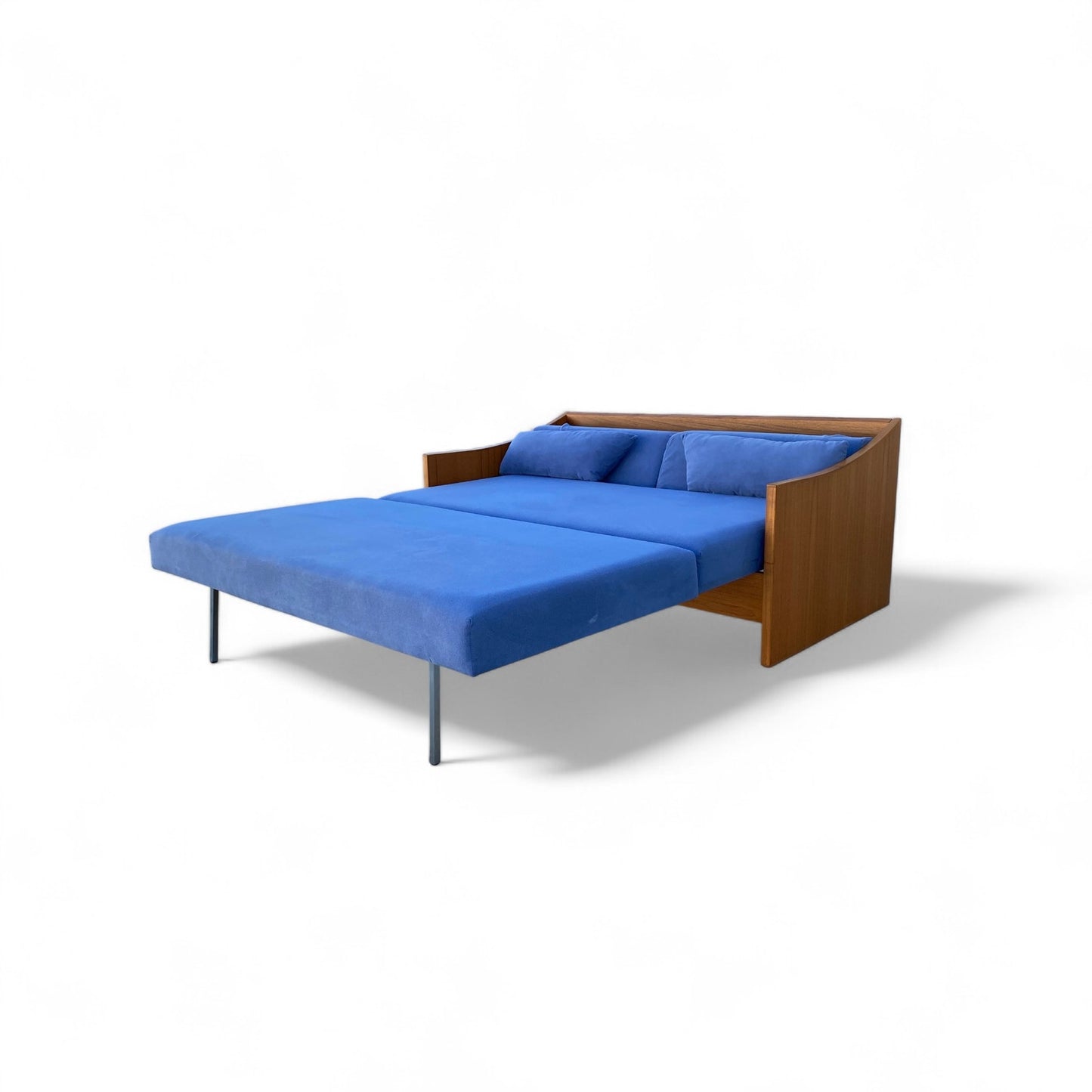 Mid-Century Canadian Teak Pull-Out Sofa Bed in Blue Upholstery, 1970s Modern Convertible Sleeper