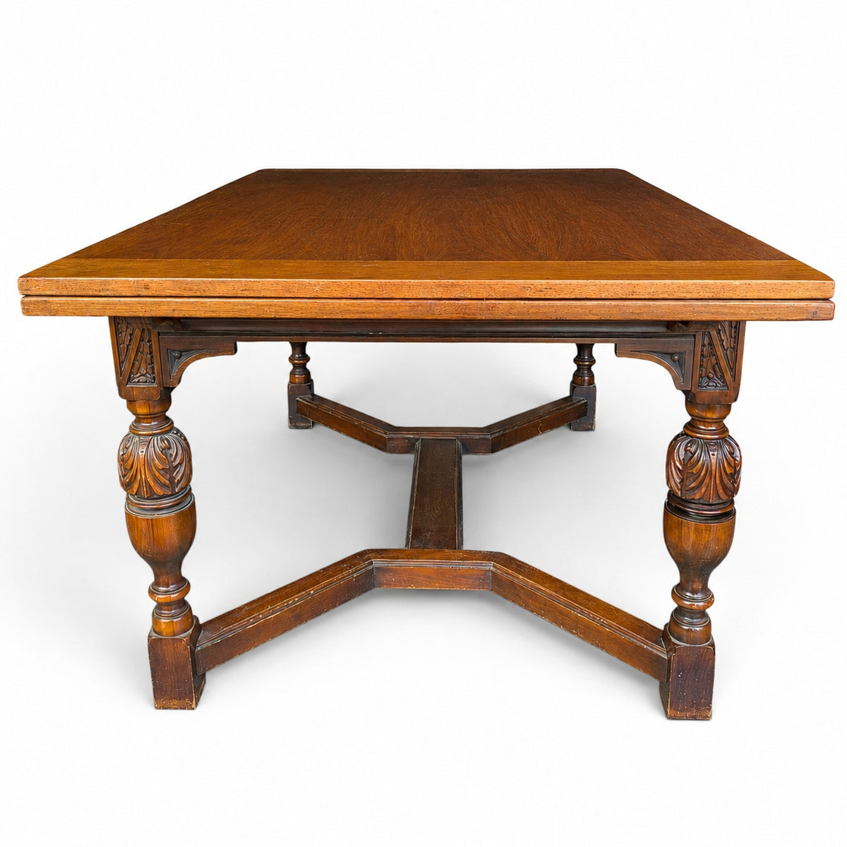 Vintage Walnut Jacobean Revival Refectory Dining Table with Carved Base — view 2 of 15