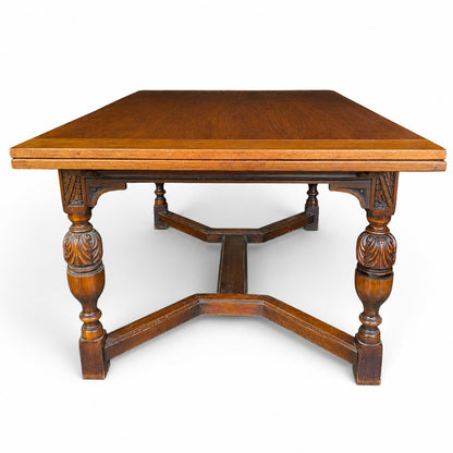 Vintage Walnut Jacobean Revival Refectory Dining Table with Carved Base