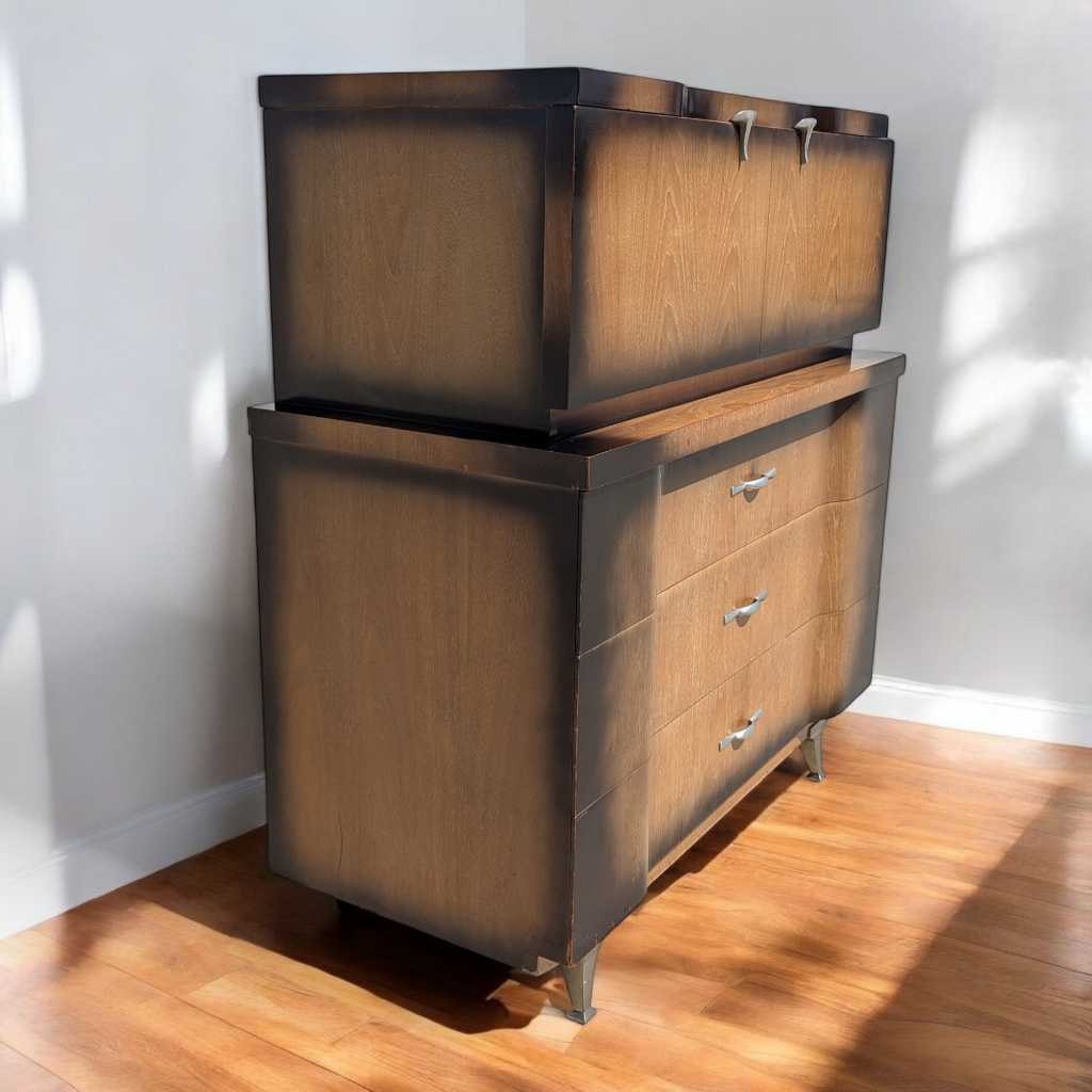 1950s Mid-Century Modern Tallboy Gentleman's Chest with Drop-Front Cabinet